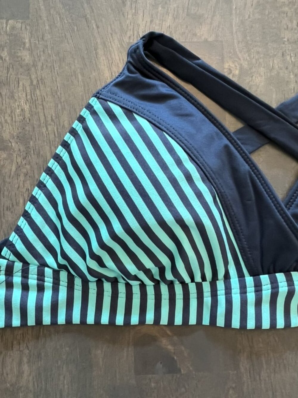 Mossimo Mint Green & Charcoal Grey Striped Crisscross Back Bikini Top Large NWT - Picture 4 of 7